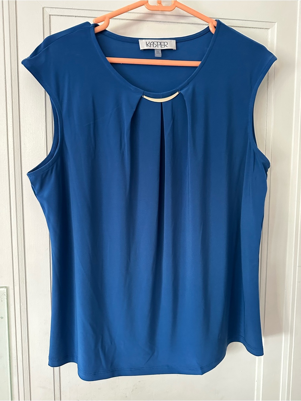 Kasper Sleeveless Pleat-Front Camisole in Blue with Gold Accent